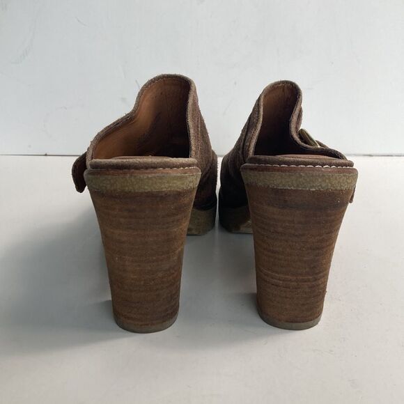 Franco Sarto Brown Suede Gold Buckle Boho Bohemian Heeled Mules Clogs Size 9.5 - Picture 5 of 11
